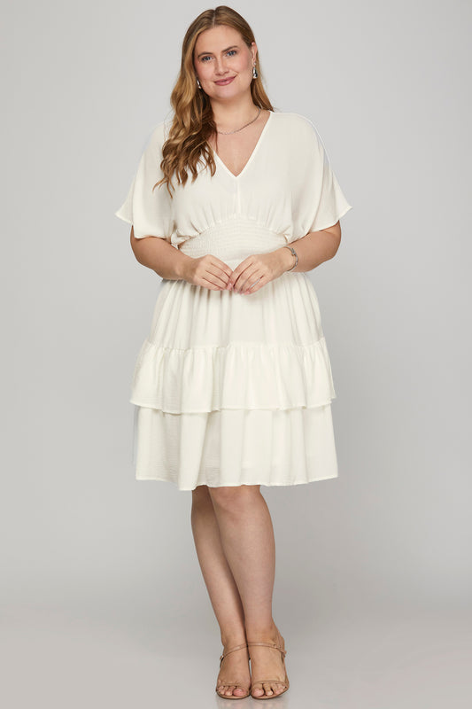 Drop Shoulder Smocked Waist Tiered Mini Dress - Off White
