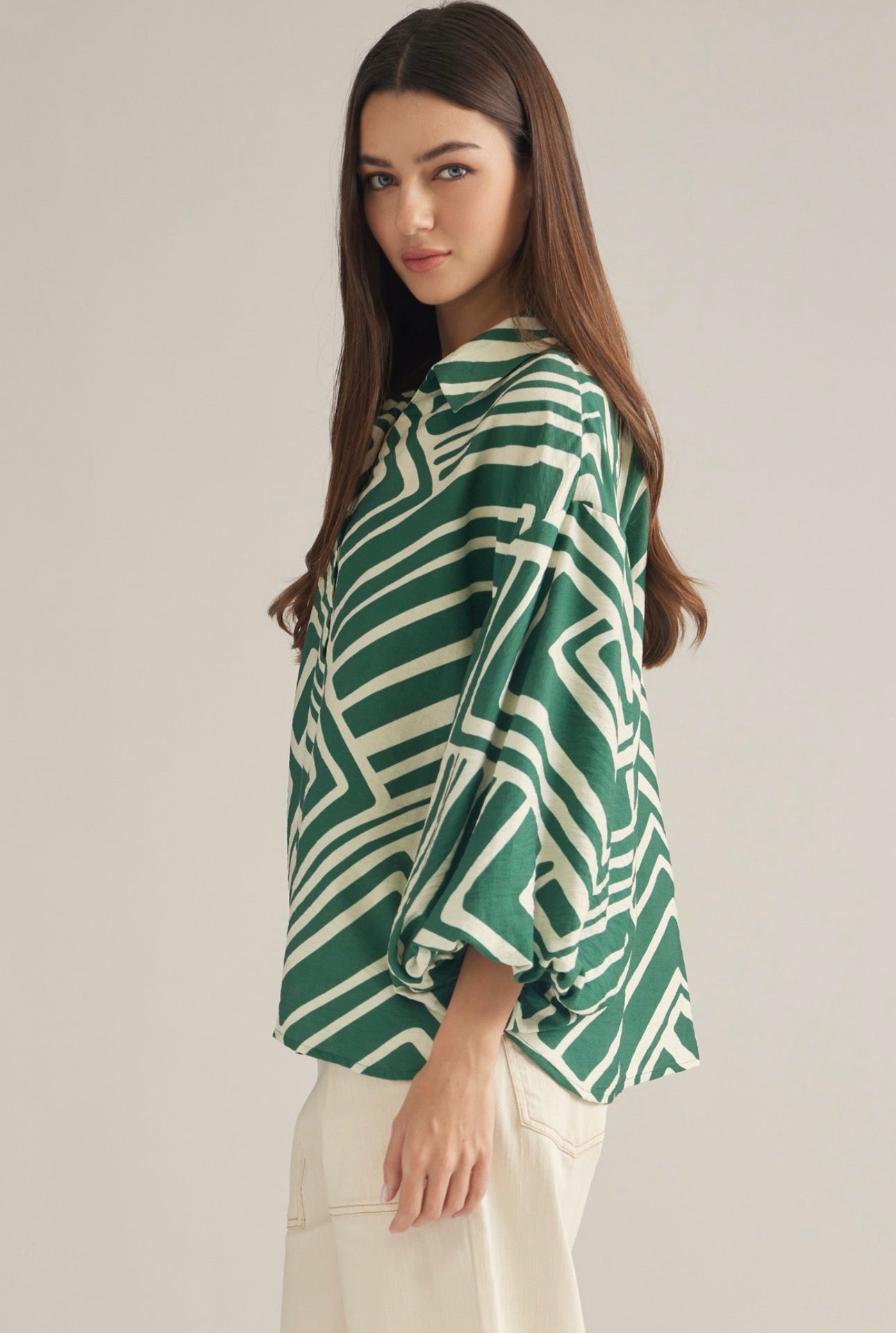 Geometric Green Blouse With Balloon Sleeves