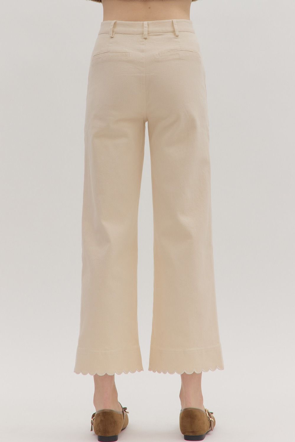 Wide Leg Scallop Trim Pants - Ecru