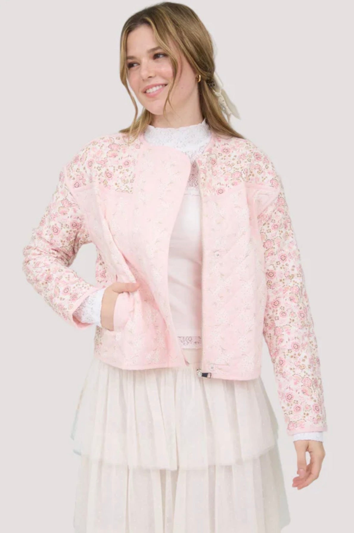 Color Block Floral Zip-Up Quilted Jacket - Light Pink