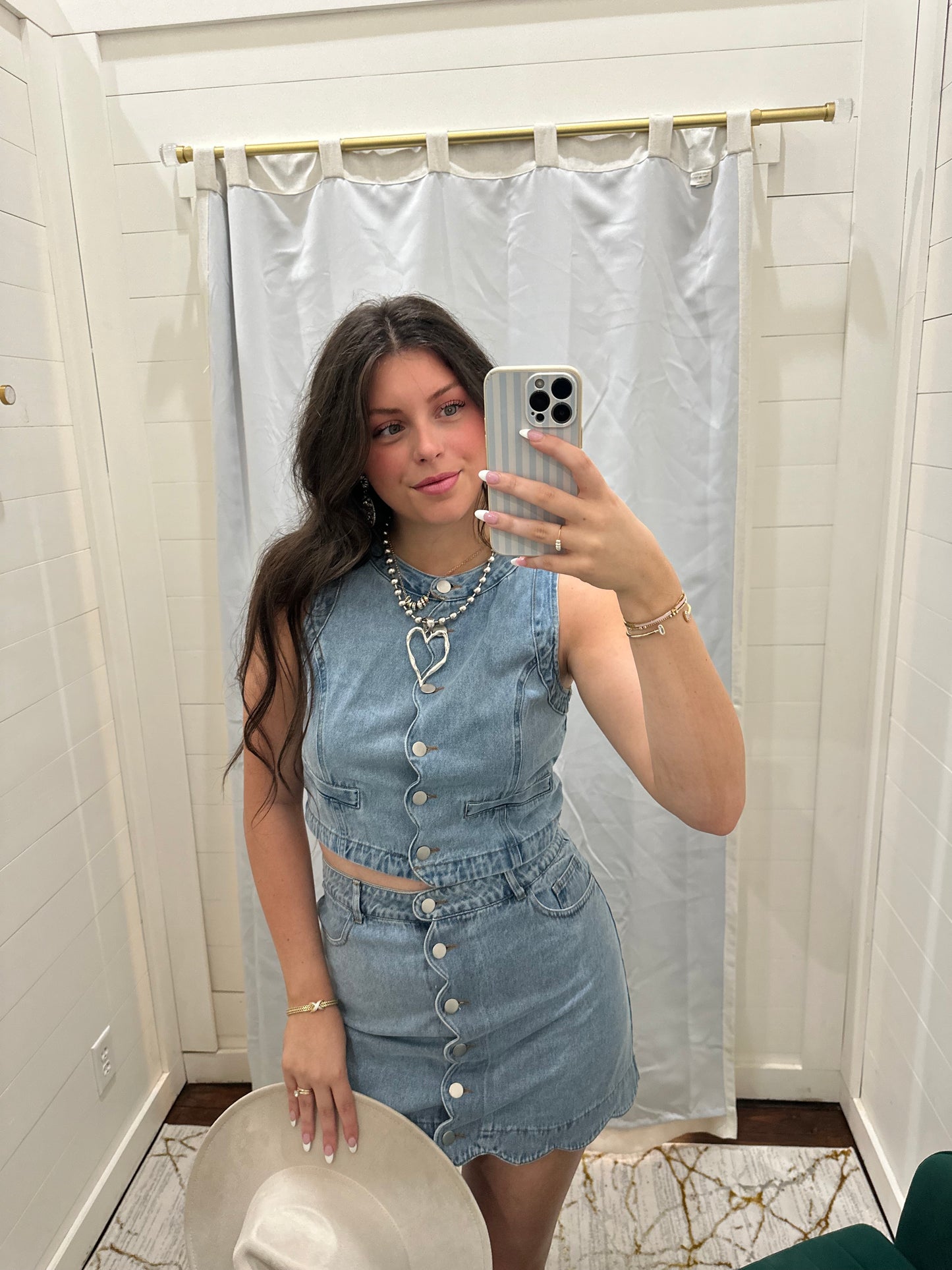 Denim Scallop Trim Skirt Set