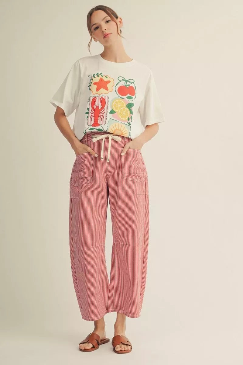 Red Denim Striped Barrel Jeans