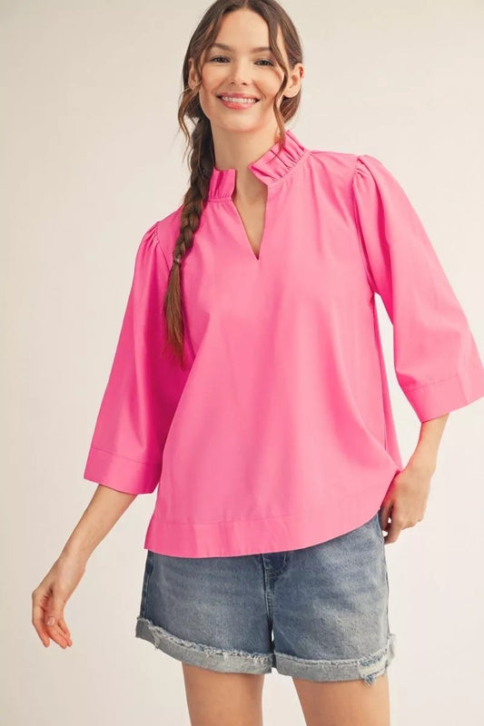 Hot Pink Ruffle Neck 3/4 Sleeve Top