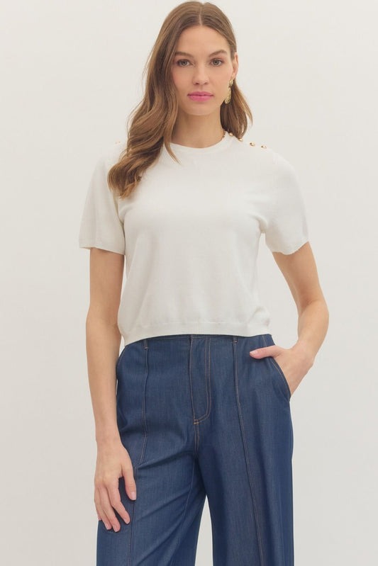 Button Detail Shoulder Knit Top - Off White