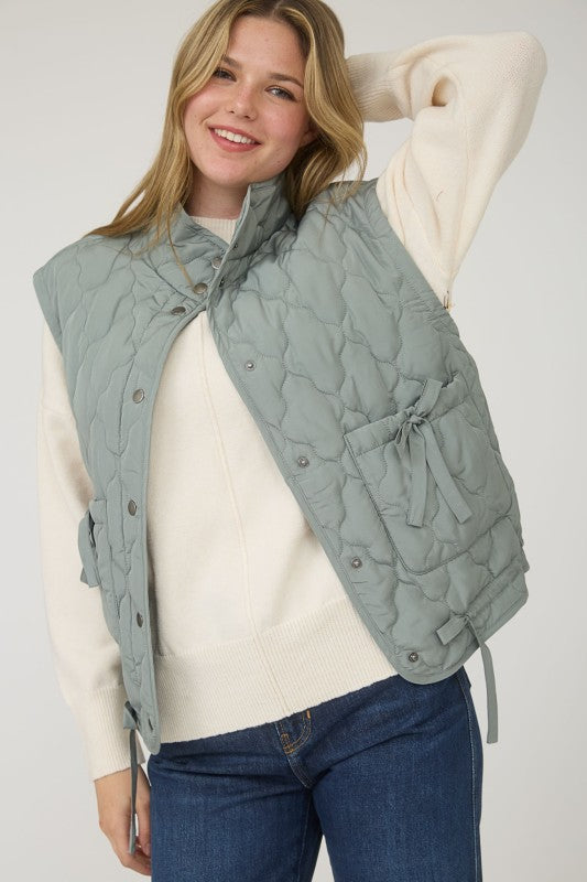 Quilted Puffer Vest With Bow Details - Sage