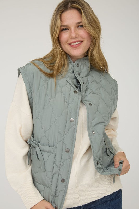 Quilted Puffer Vest With Bow Details - Sage