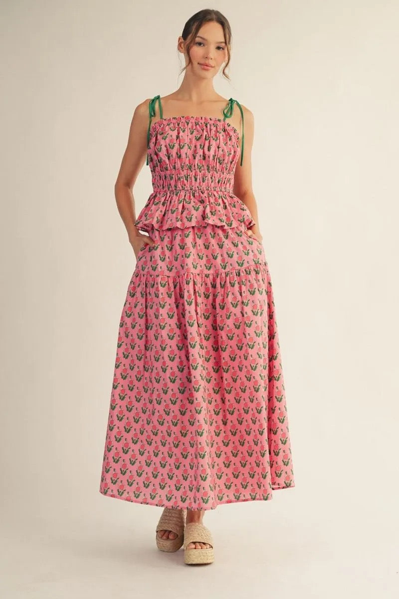 Floral Top And Maxi Skirt Set - Pink