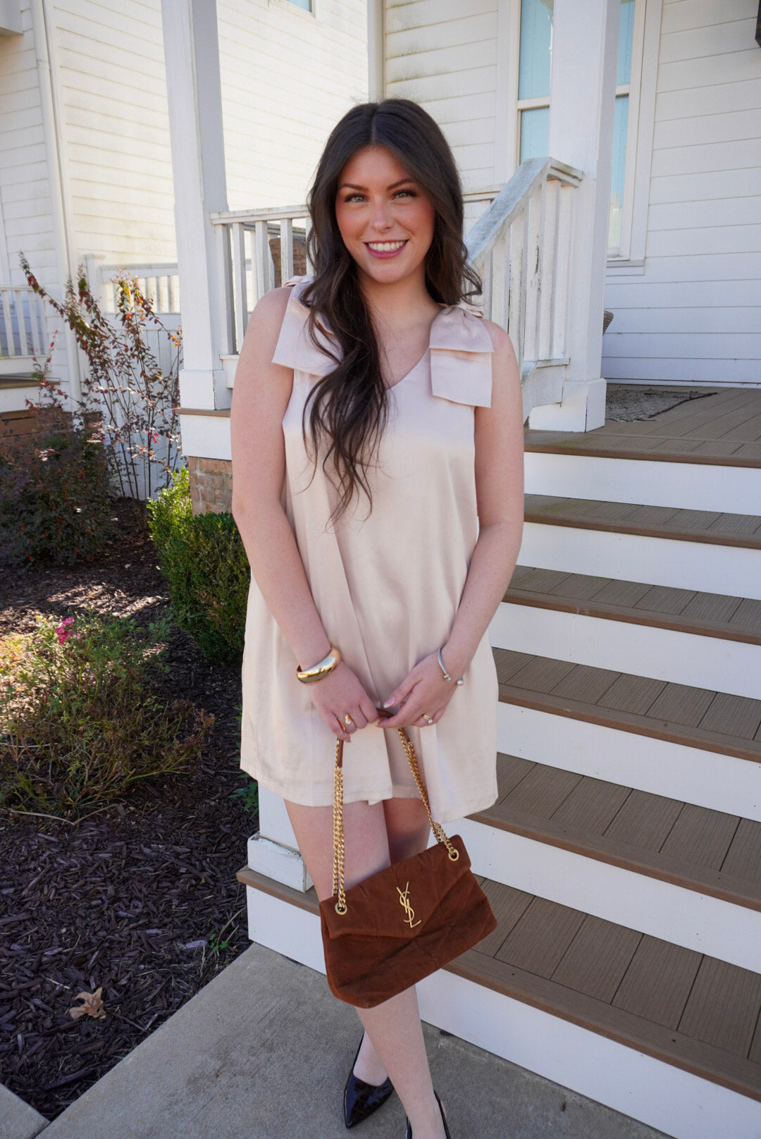 Bow Sleeve Heavy Satin Dress - Champagne