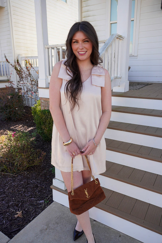 Bow Sleeve Heavy Satin Dress - Champagne