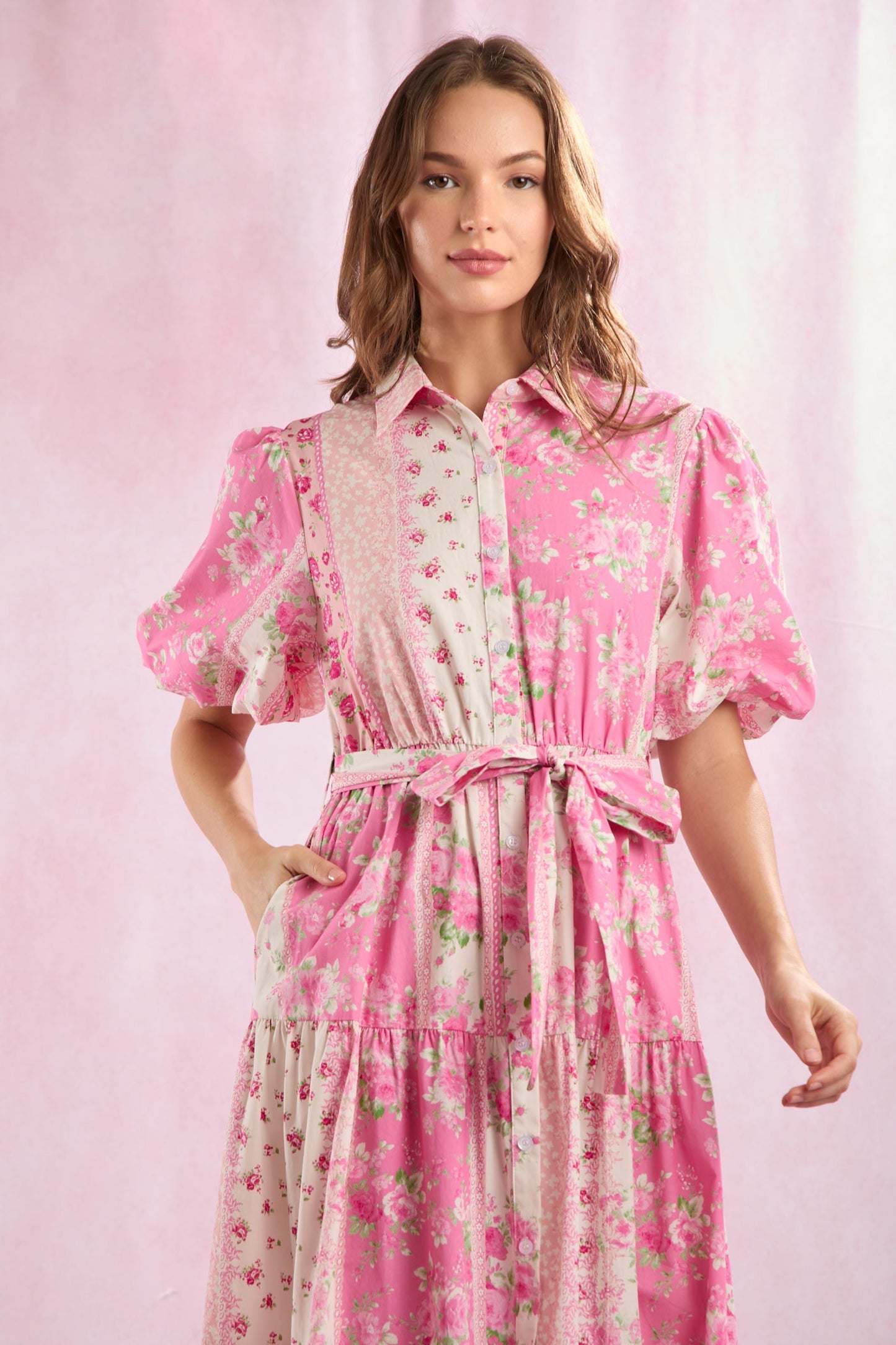 Pink Poplin Floral Patchwork Printed Dress