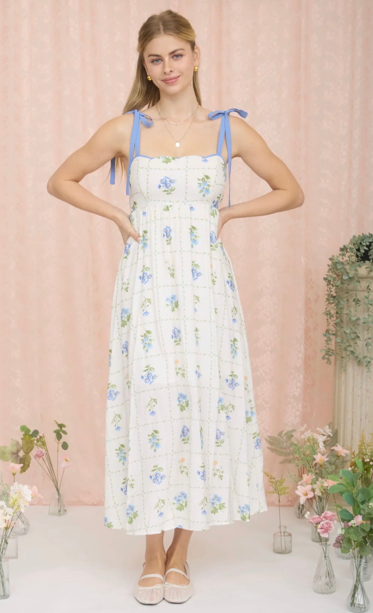 Floral Tile Scallop Tie Strap Midi Dress - Blue