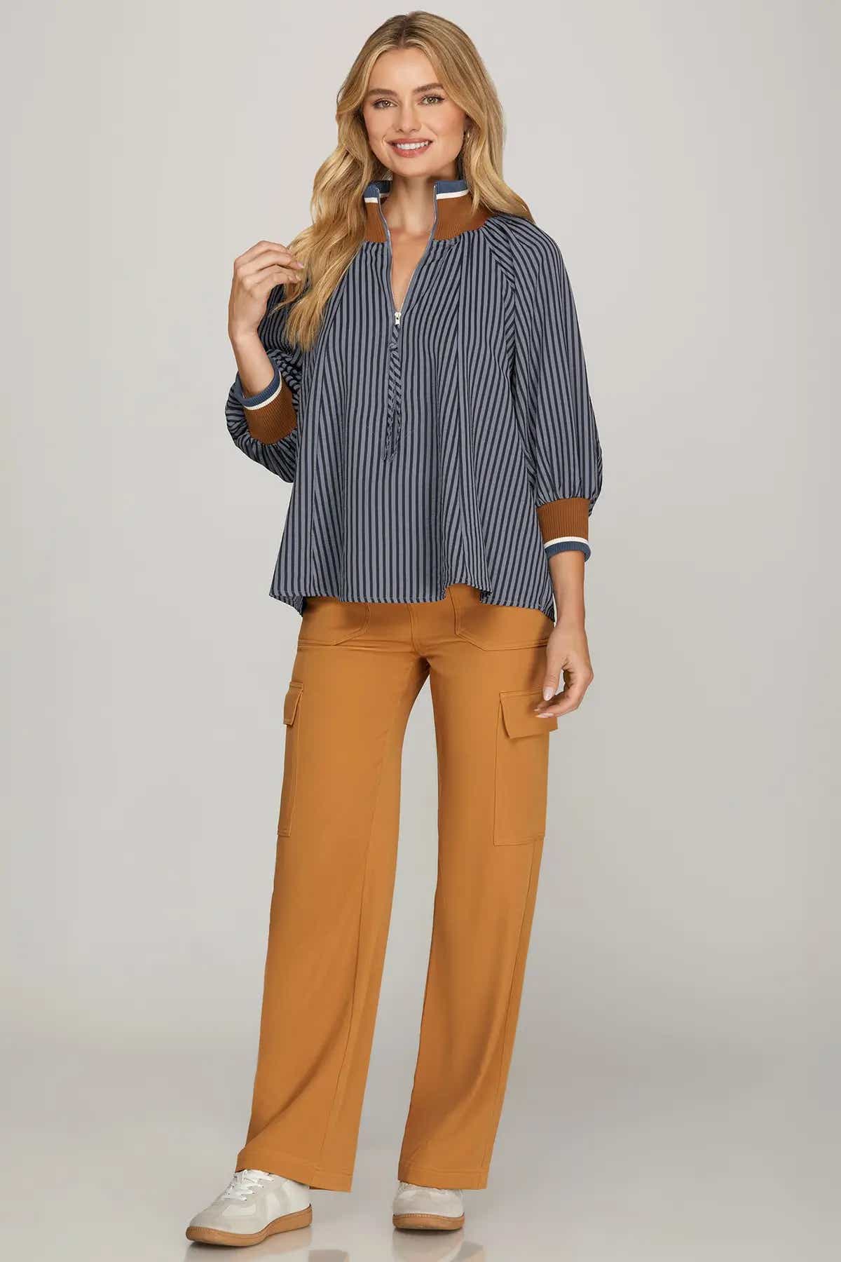 3/4 Sleeve Half Zip Striped Top - Navy/Brown