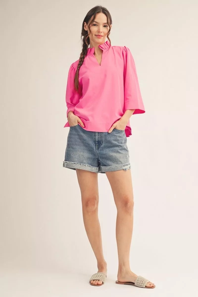 Hot Pink Ruffle Neck 3/4 Sleeve Top