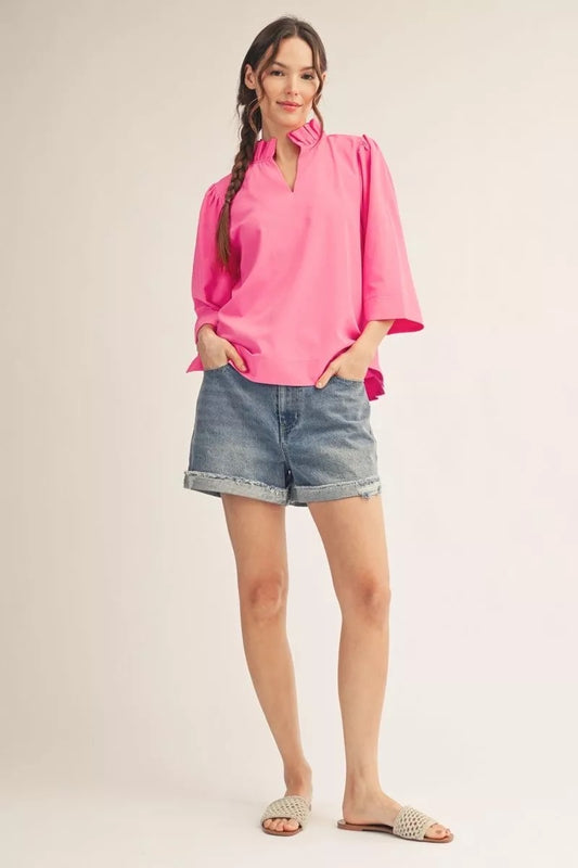 Hot Pink Ruffle Neck 3/4 Sleeve Top
