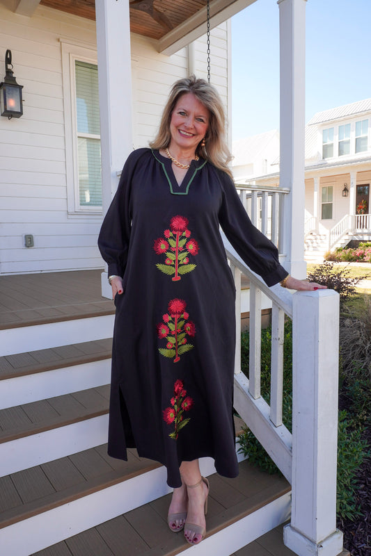 Embroidered Floral Maxi Dress - Black