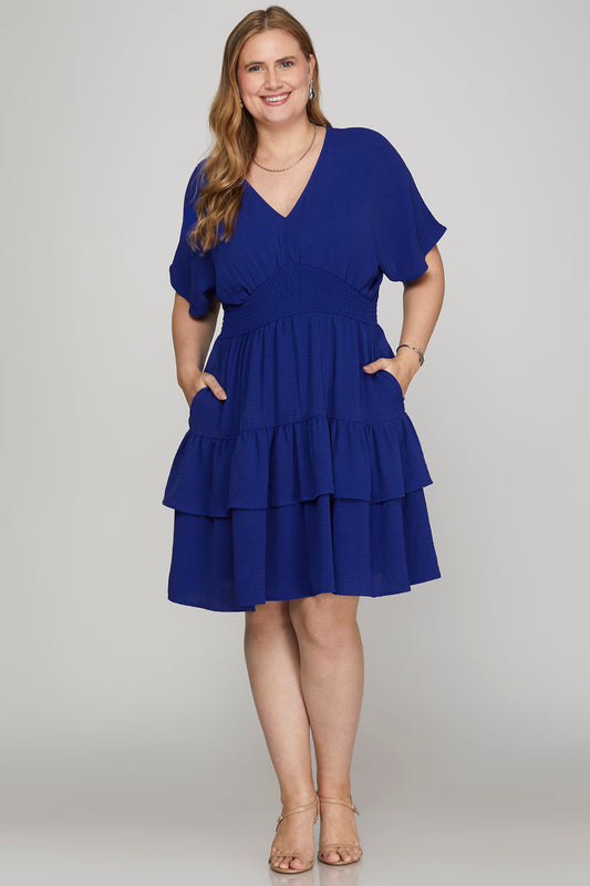 Drop Shoulder Smocked Waist Tiered Mini Dress - Royal Blue