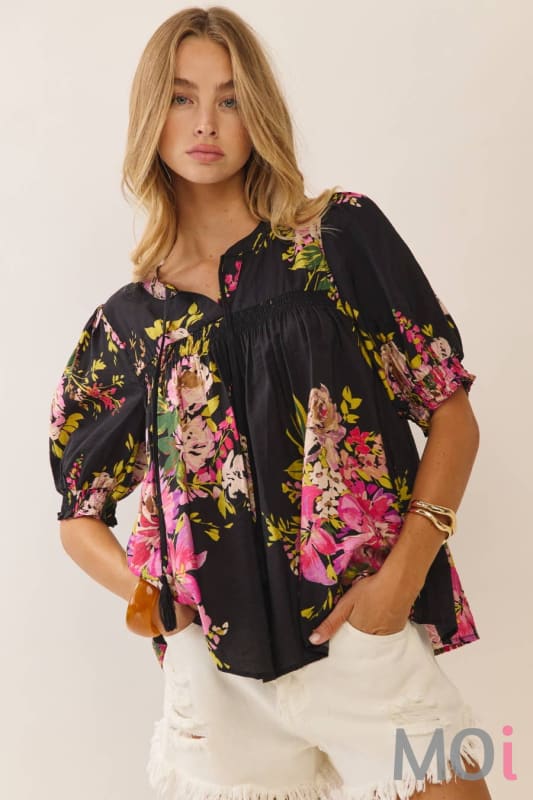Black/Pink Floral Print Blouse