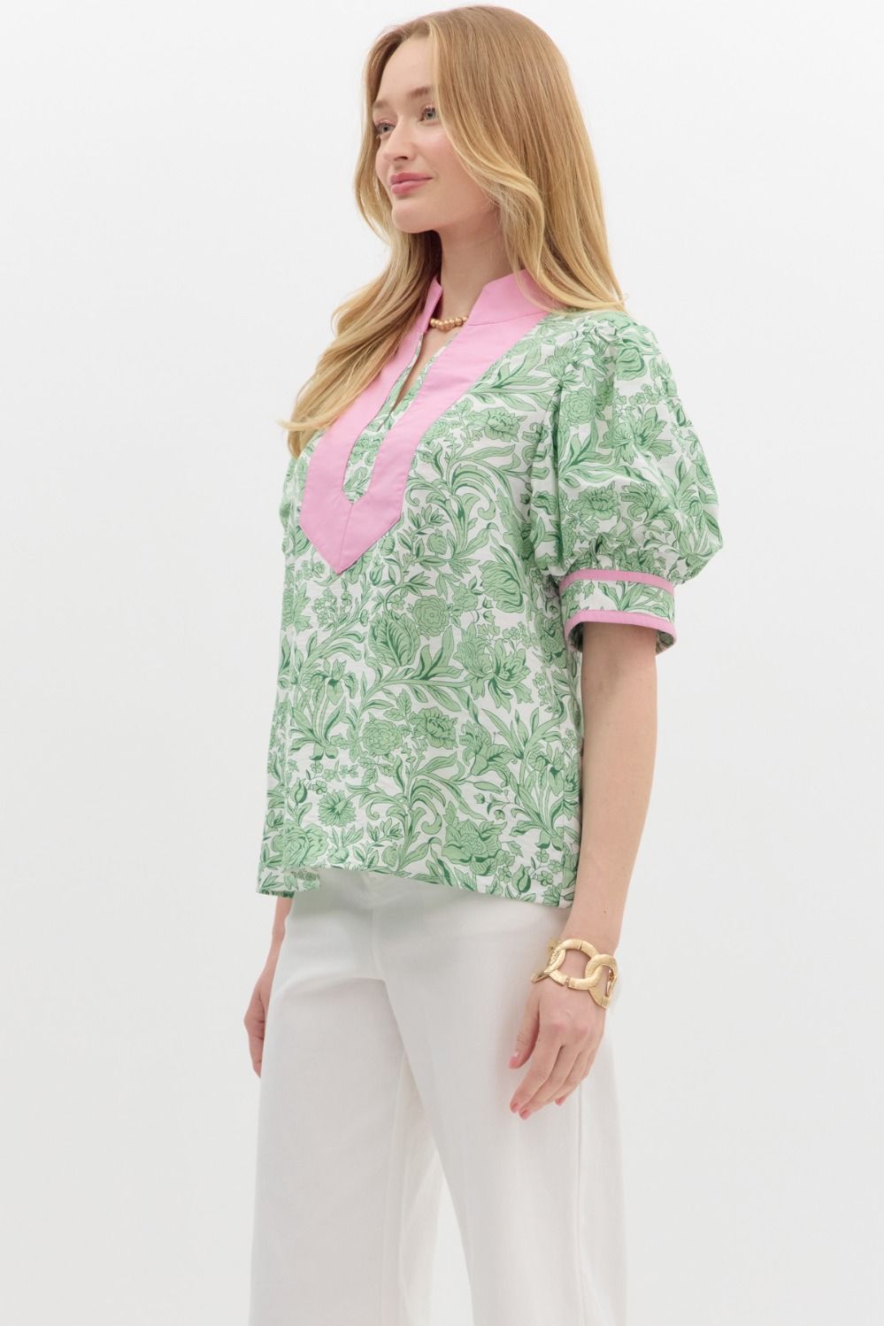 Grandmillennial Puff Sleeve Top - Pink/Green
