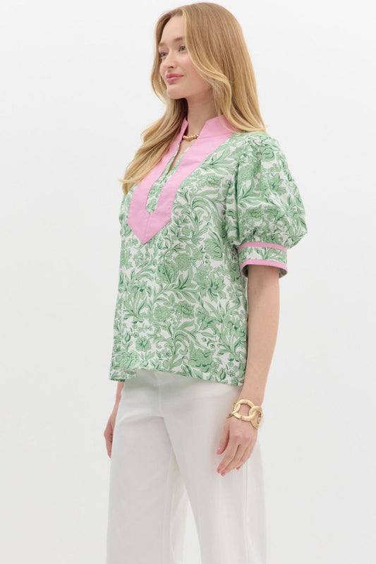 Grandmillennial Puff Sleeve Top - Pink/Green