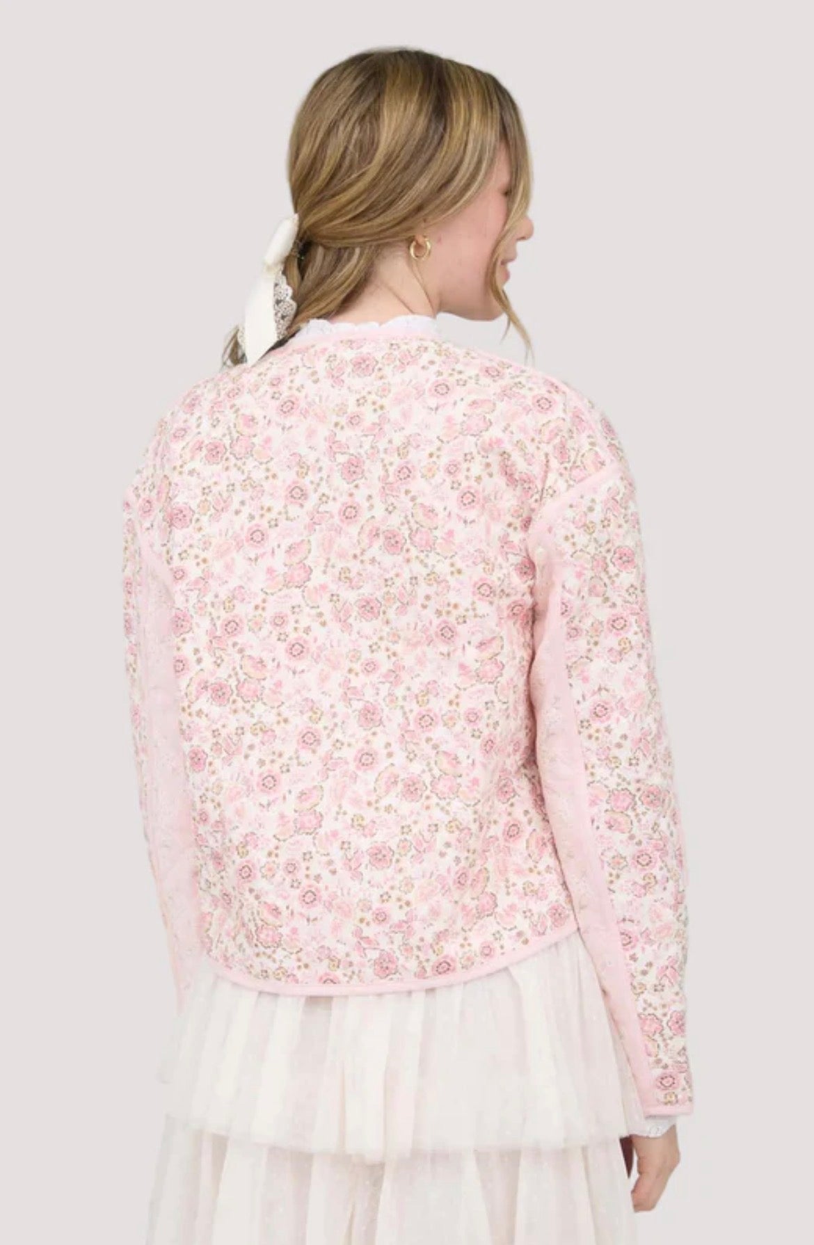 Color Block Floral Zip-Up Quilted Jacket - Light Pink