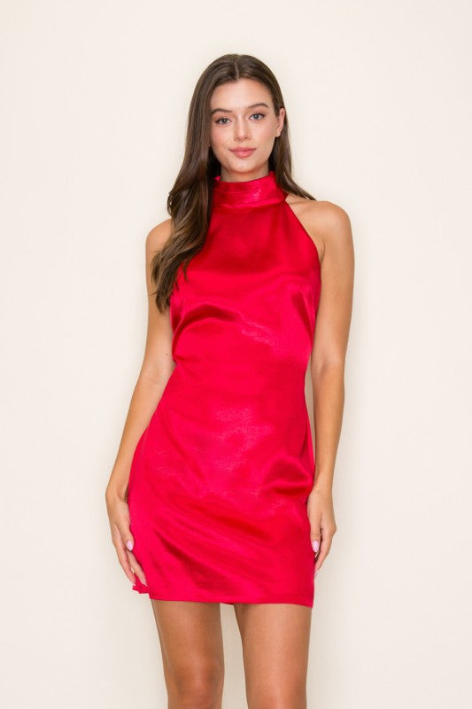 Red Satin Halter Neck Dress