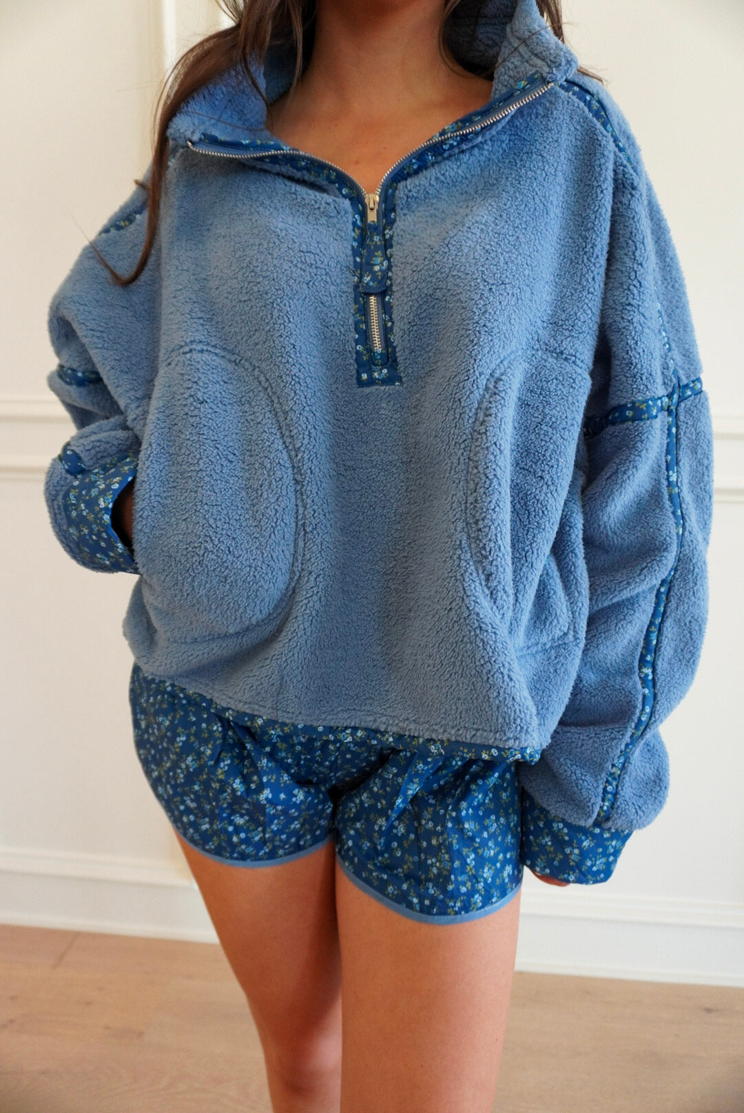Blue Floral Printed Shorts and Floral Piped Sherpa Sweatshirt Set