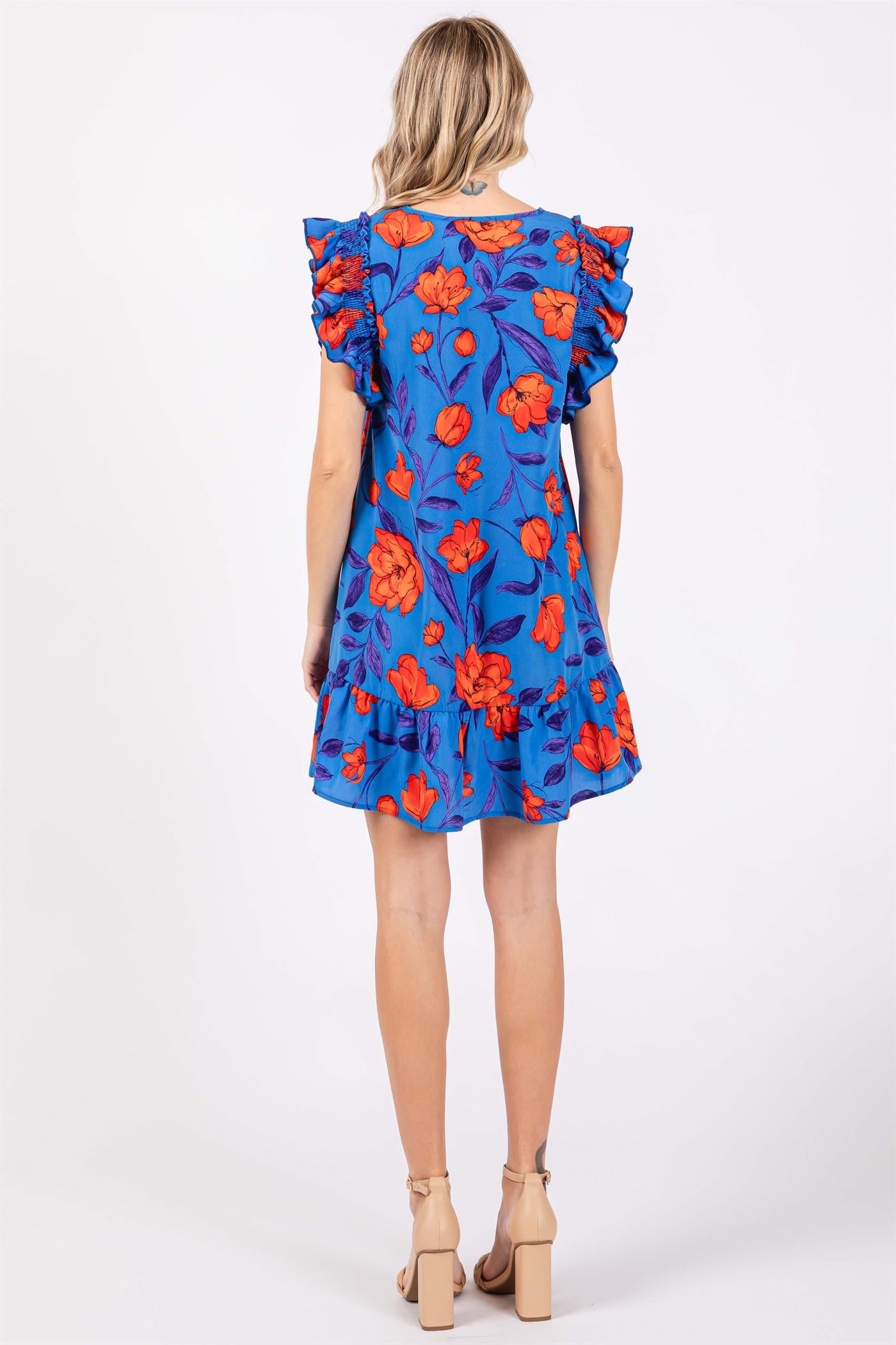 Royal Blue Sleeveless Floral Dress - Curvy