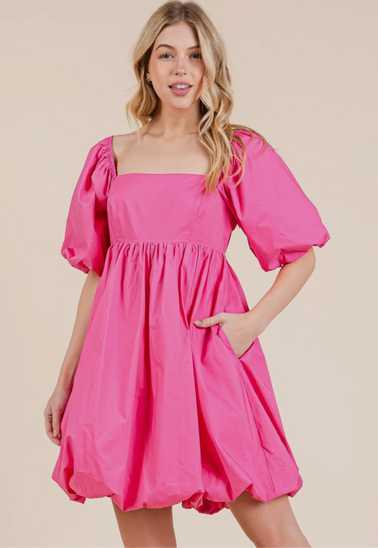 Pink Puff Sleeve Mini Dress