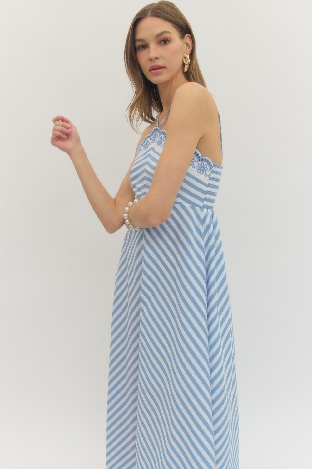 Striped Embroidered Halter Maxi Dress - Light Blue