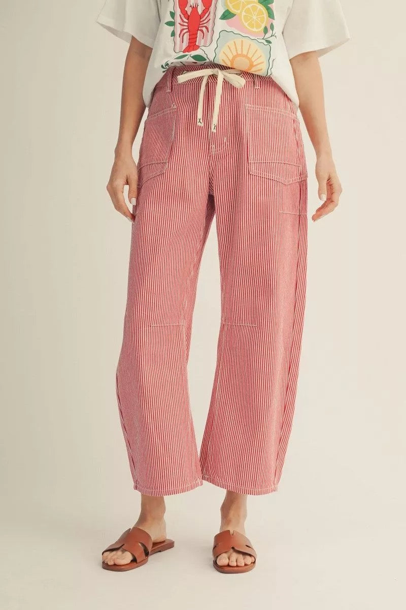 Red Denim Striped Barrel Jeans