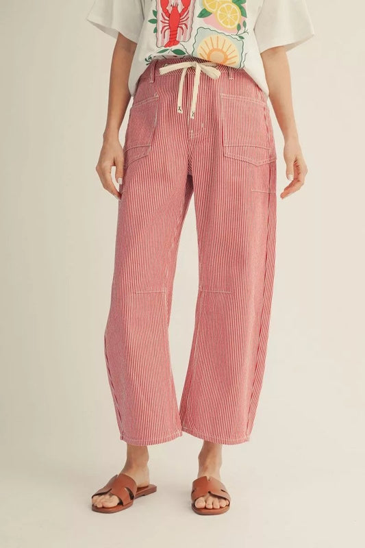 Red Denim Striped Barrel Jeans