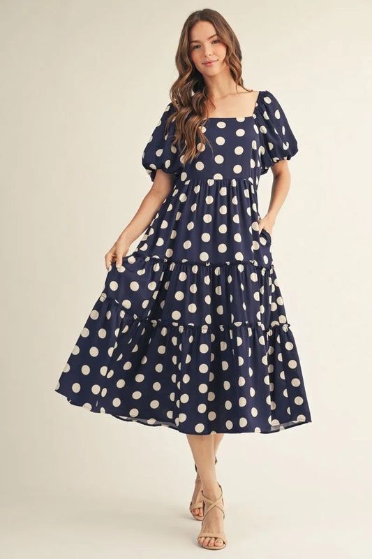 Navy Puff Sleeve Polka Dot Midi Dress