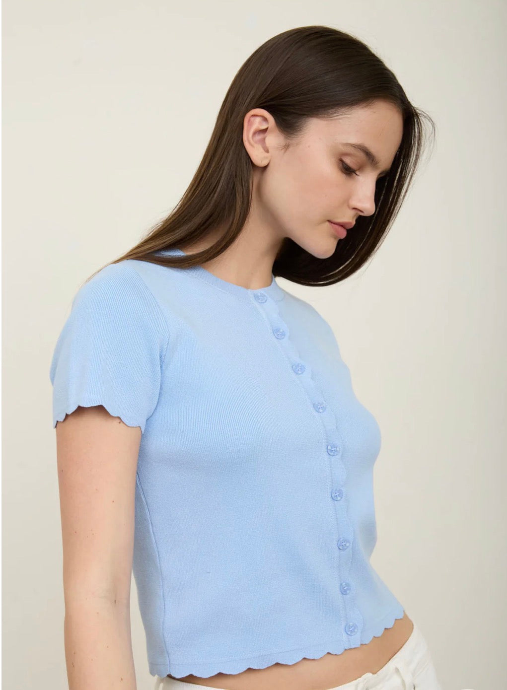 Scalloped Trim Short Sleeve Knit Cardigan - Dusty Blue