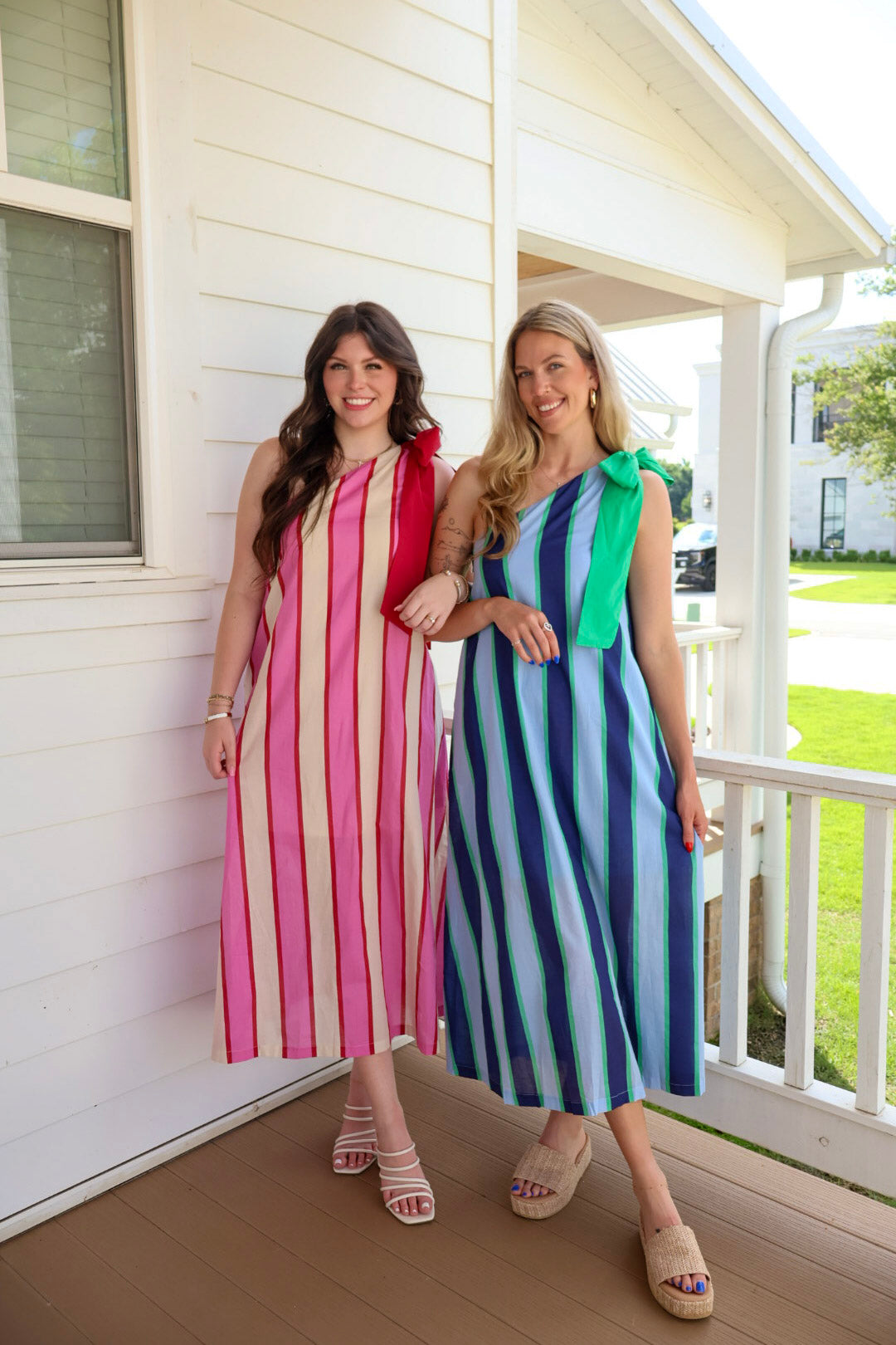 One Shoulder Striped Midi Dress - Blue/Green