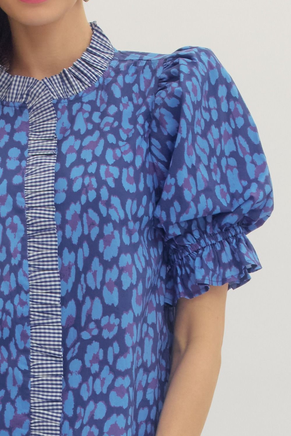 Leopard Print Puff Sleeve Top- Blue