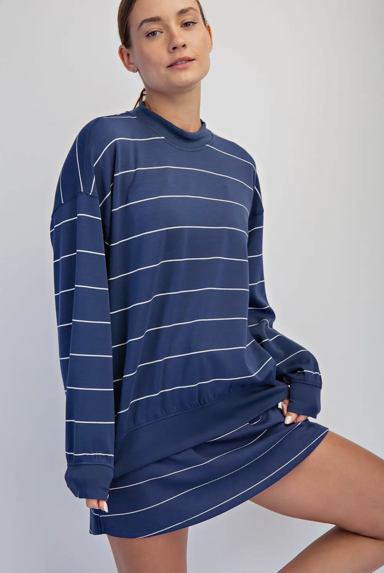 Striped Scuba Long Sleeve And Shorts Set - Navy/White