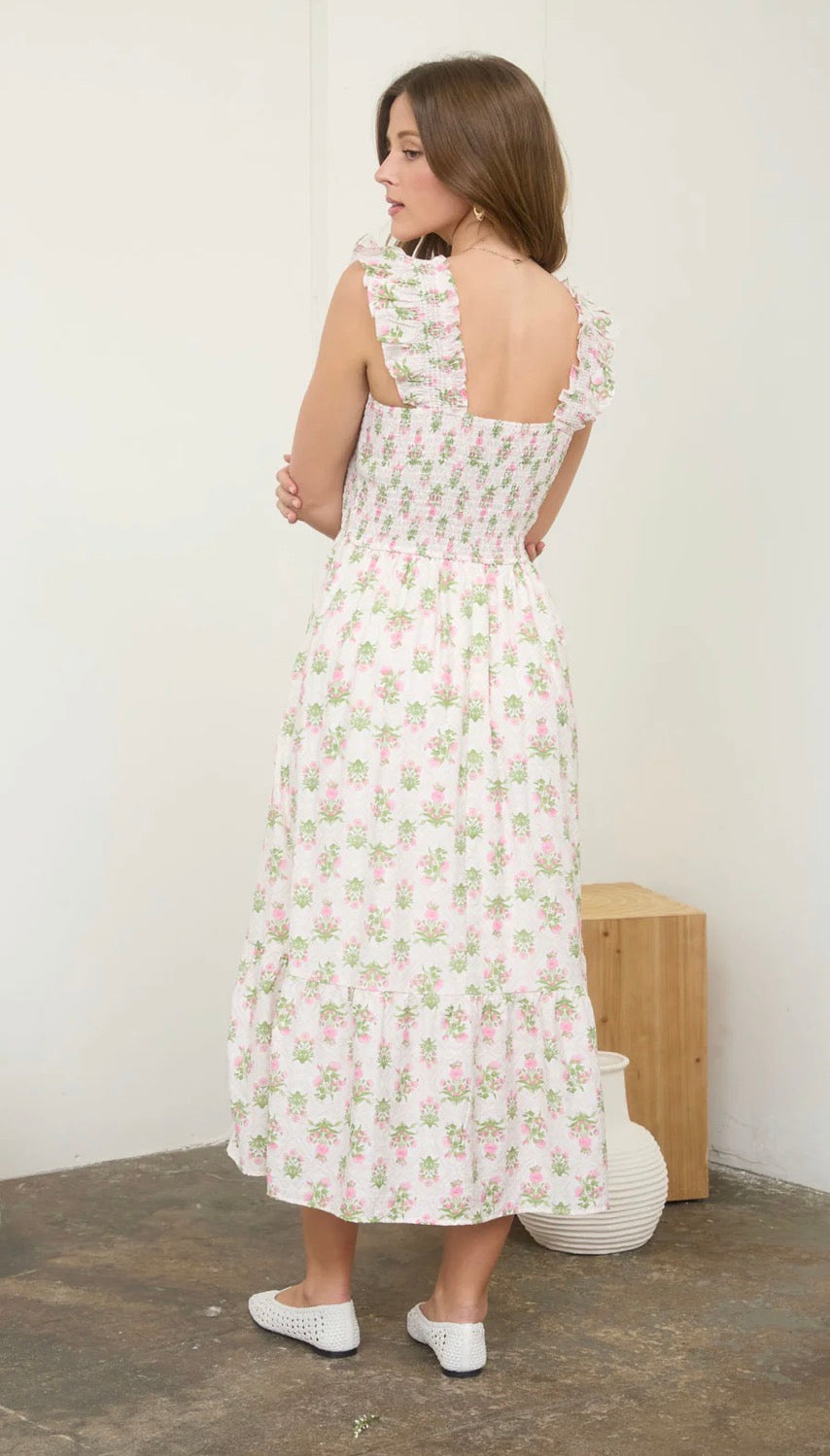 Floral Tile Pattern Smocked Sleeveless Midi Dress-Pink Multi