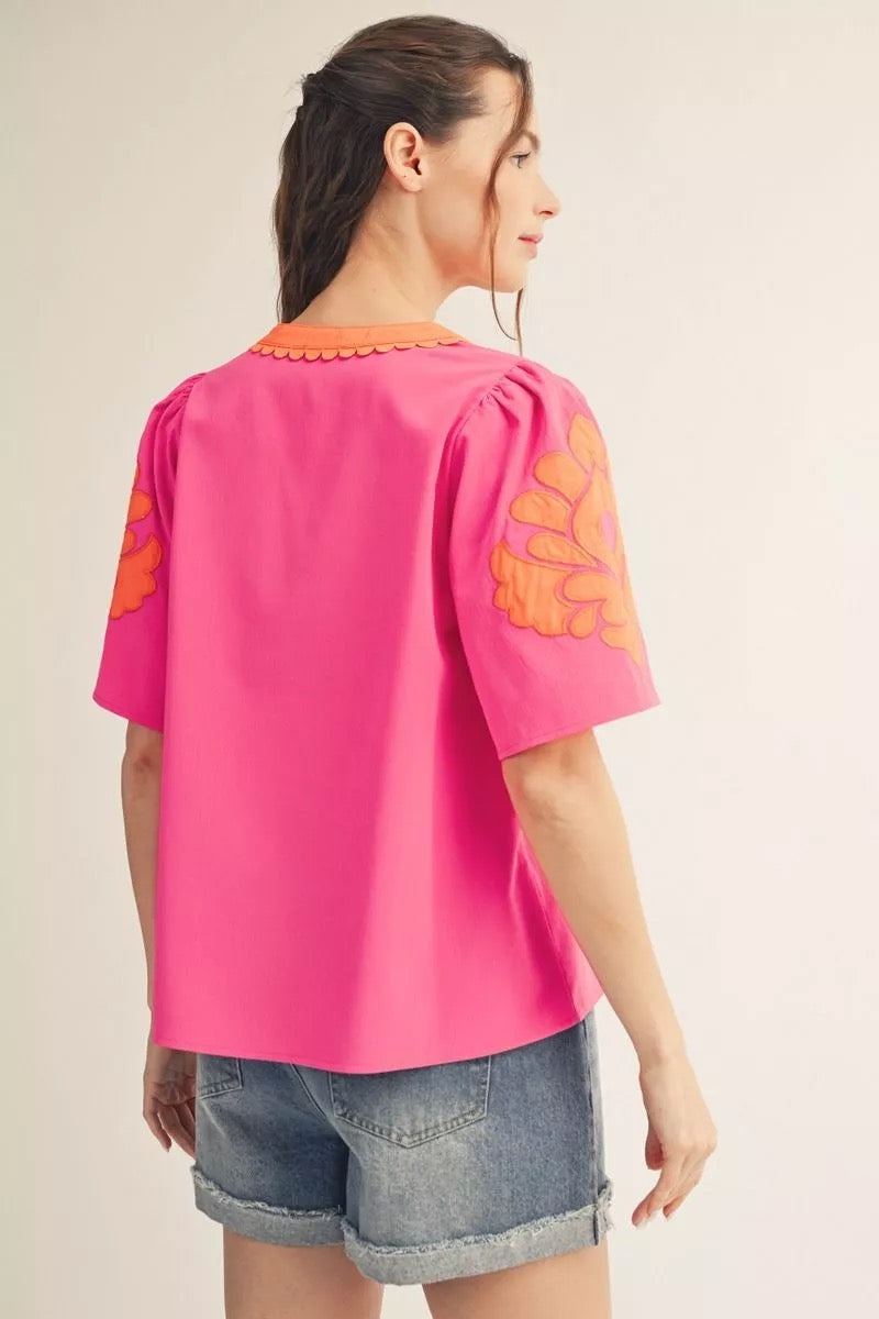 Olivia Puff Sleeve Top With Scallop Details - Pink/Orange