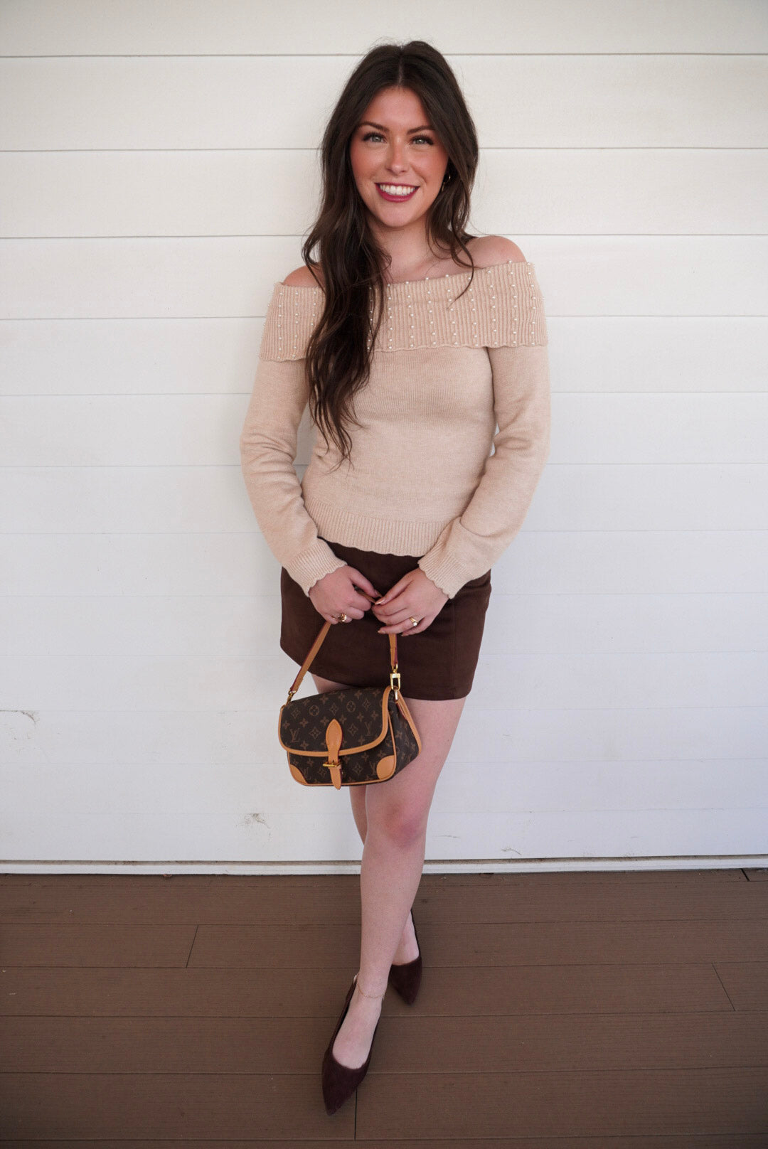 Pearl Detailed Off Shoulder Sweater - Oatmeal