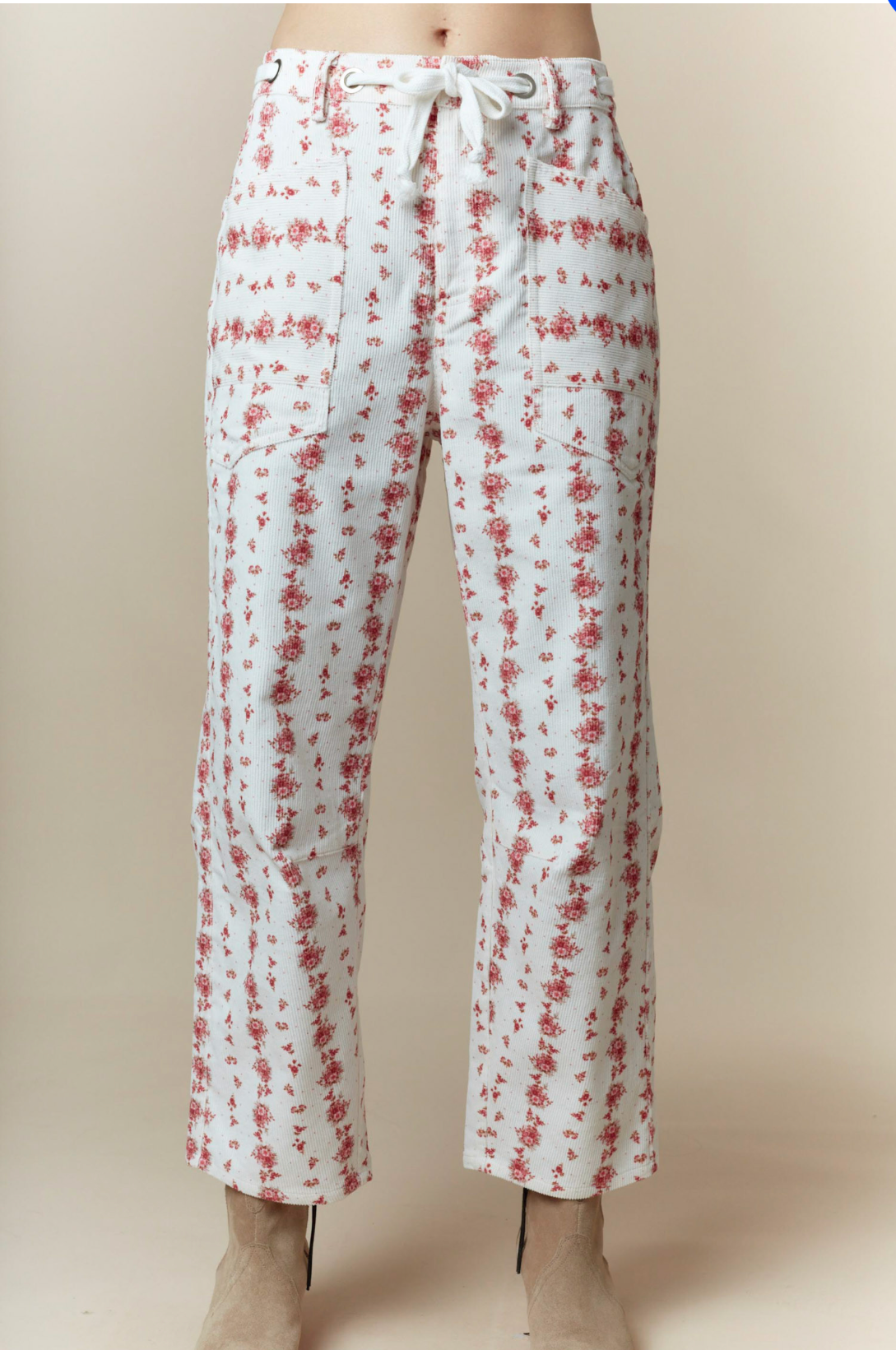 Floral Printed Corduroy Waist Tie Detail Pants