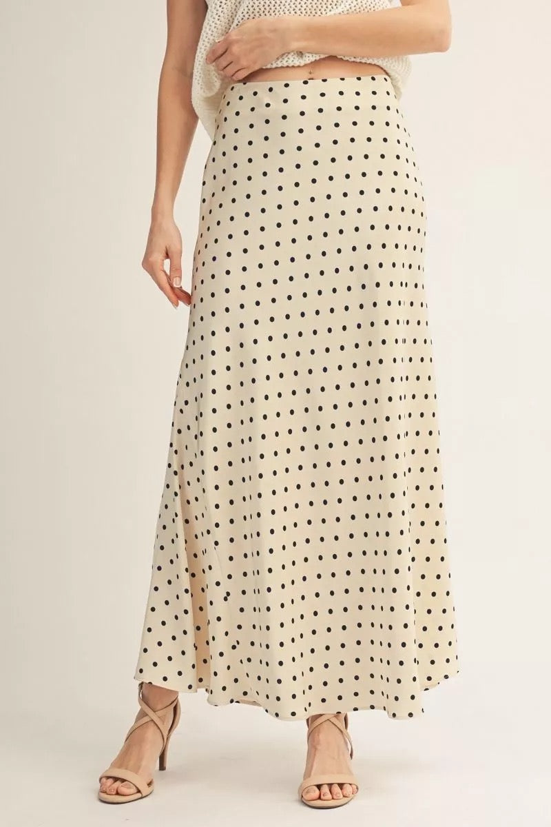 Champagne Black Polka-Dot Satin Maxi Skirt