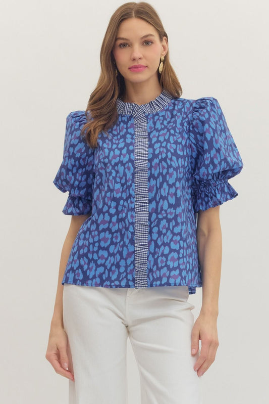 Leopard Print Puff Sleeve Top- Blue
