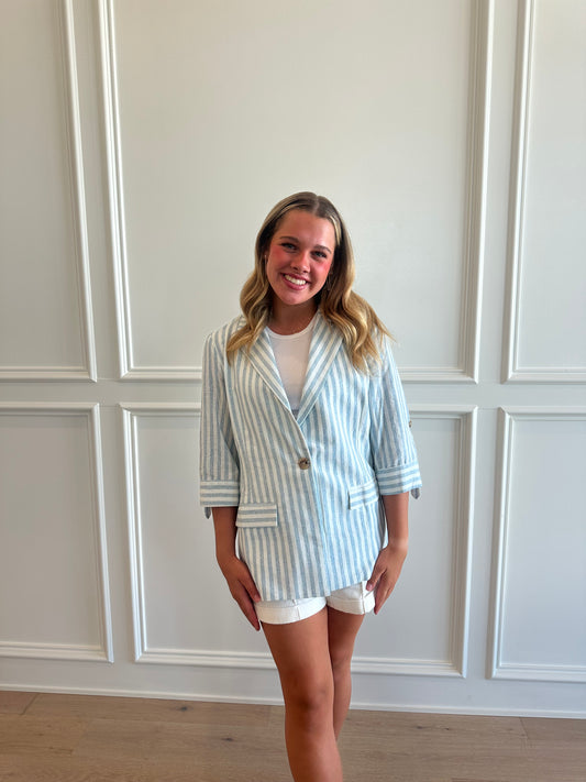 Striped 3/4 Sleeve Linen Jacket