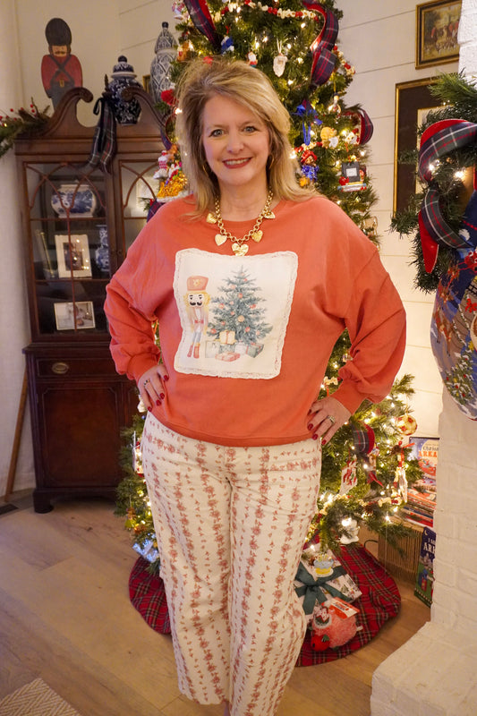 Floral Printed Corduroy Waist Tie Detail Pants