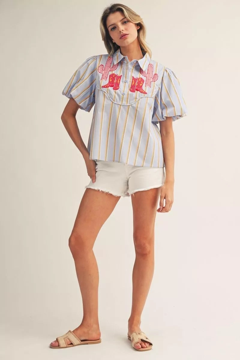 Blue Striped Embroidered Western Top