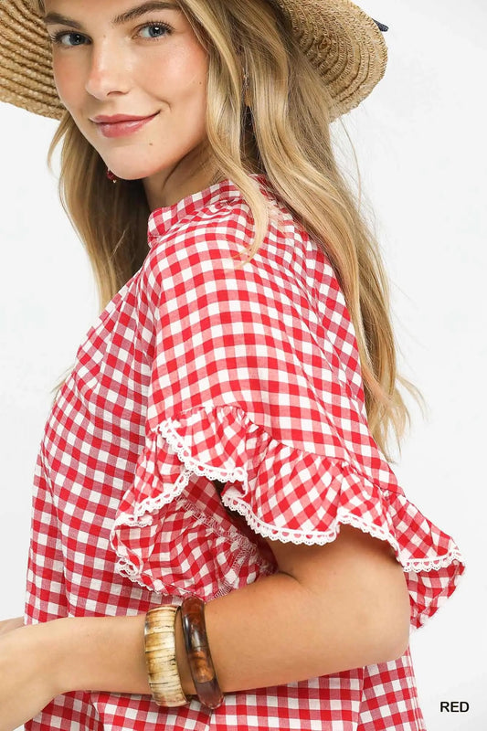 Ruffle Sleeve V-Neck Gingham Top - Red