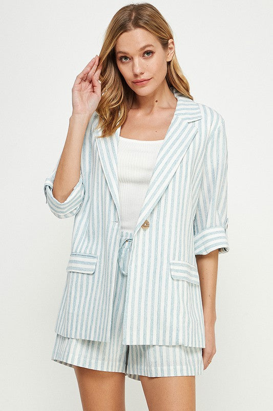 Striped 3/4 Sleeve Linen Jacket