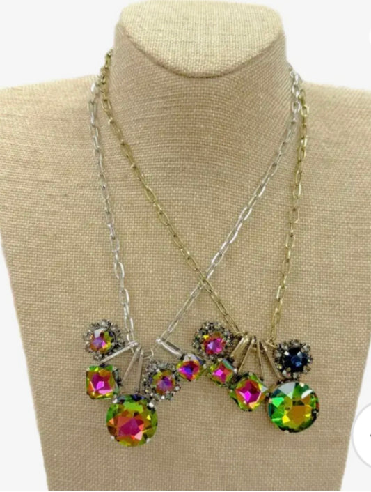 Dark Iridescent Jewel Cluster Charm Necklace - Silver