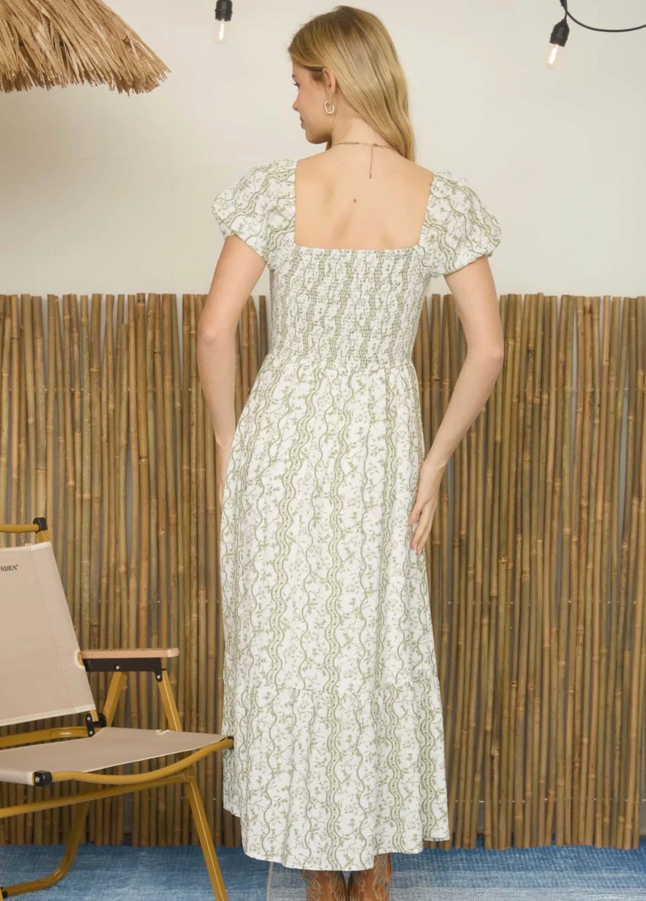 Sage Floral Puff Sleeve Smocked Midi Dress