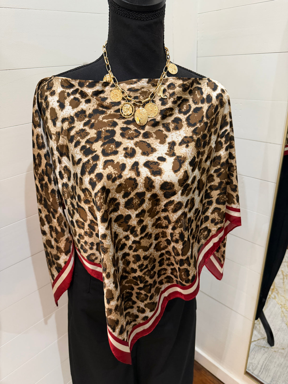 Silk Poncho -  Leopard With Red Trim